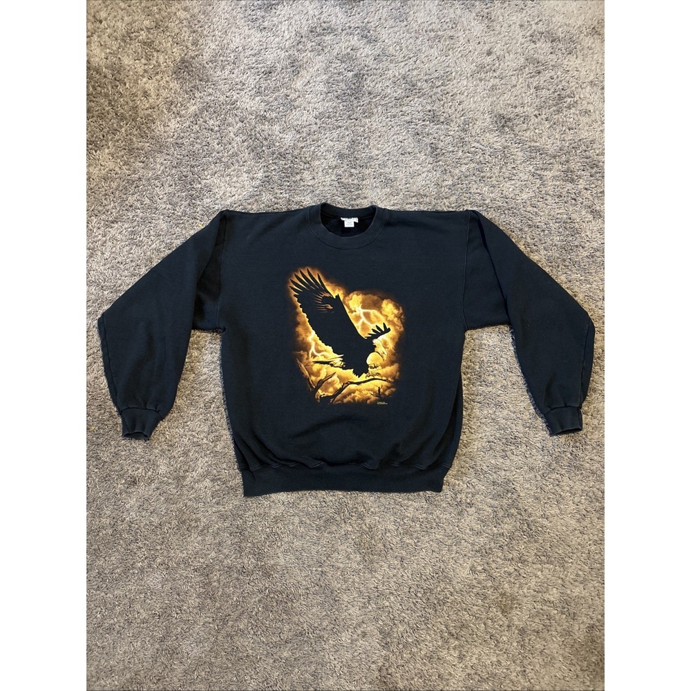 VINTAGE Eagle Anvil Human-I-Tees Crewneck Graphic Sweatshirt Size L Faded Black‎